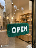 Open and closed store sign hand-tufted wool rug combo with aesthetic typography design for cafés and retail shops by Mayur Rugs