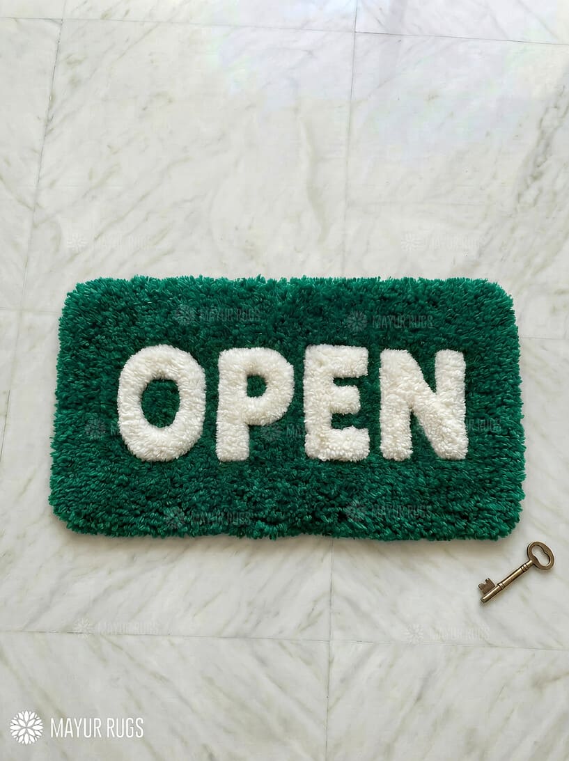Open and closed store sign hand-tufted wool rug combo with aesthetic typography design for cafés and retail shops by Mayur Rugs