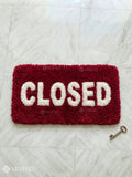 Open and closed store sign hand-tufted wool rug combo with aesthetic typography design for cafés and retail shops by Mayur Rugs