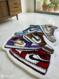 Sneaker culture stack hand-tufted wool rug with retro basketball sneaker artwork, premium custom area rug by Mayur Rugs