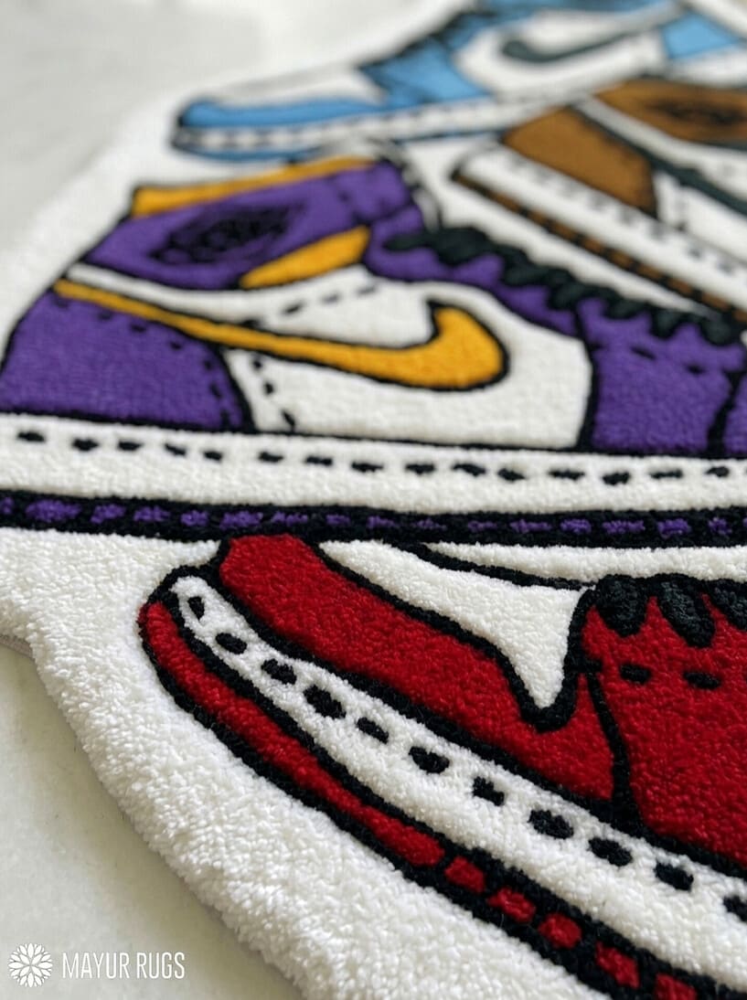 Sneaker culture stack hand-tufted wool rug with retro basketball sneaker artwork, premium custom area rug by Mayur Rugs
