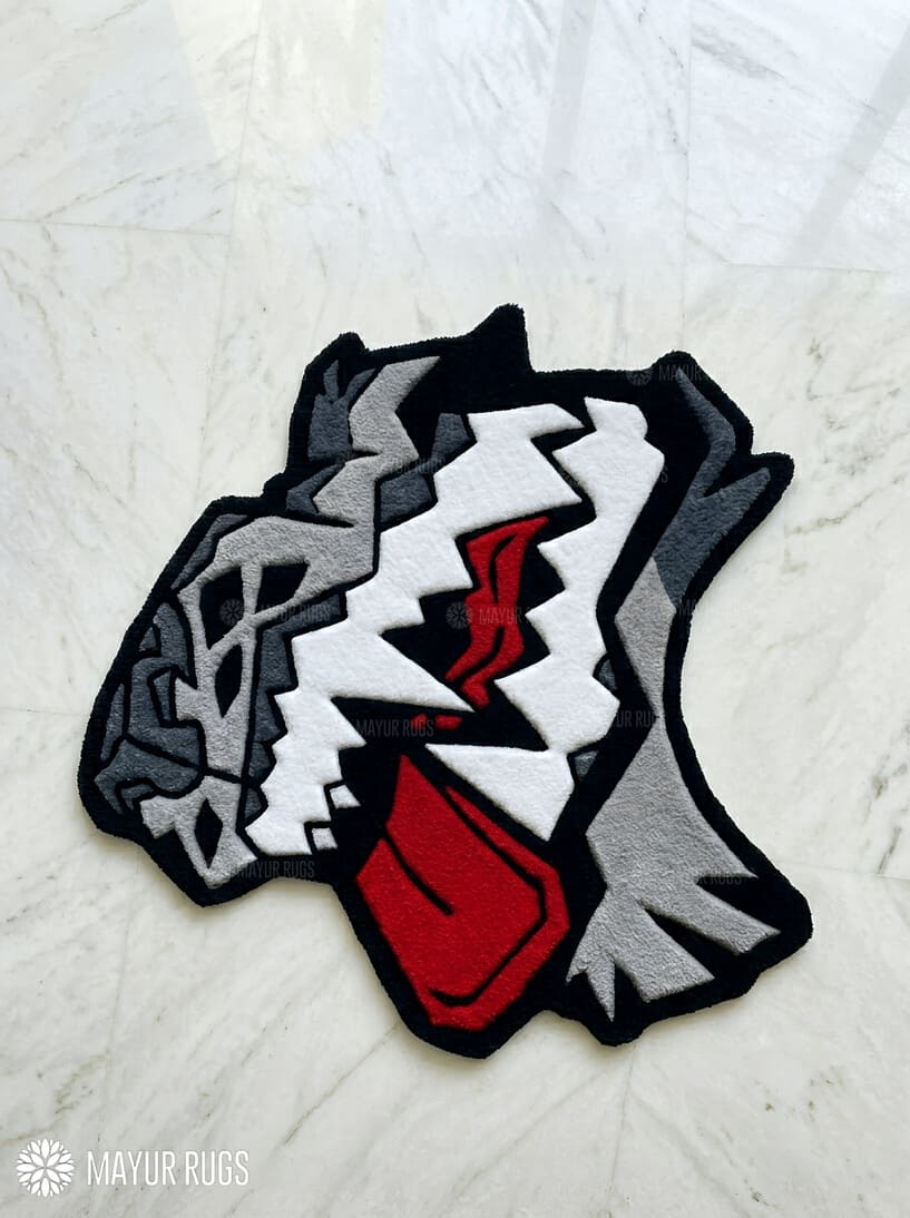 Venom monster face hand-tufted wool rug with dark comic streetwear aesthetic design by Mayur Rugs