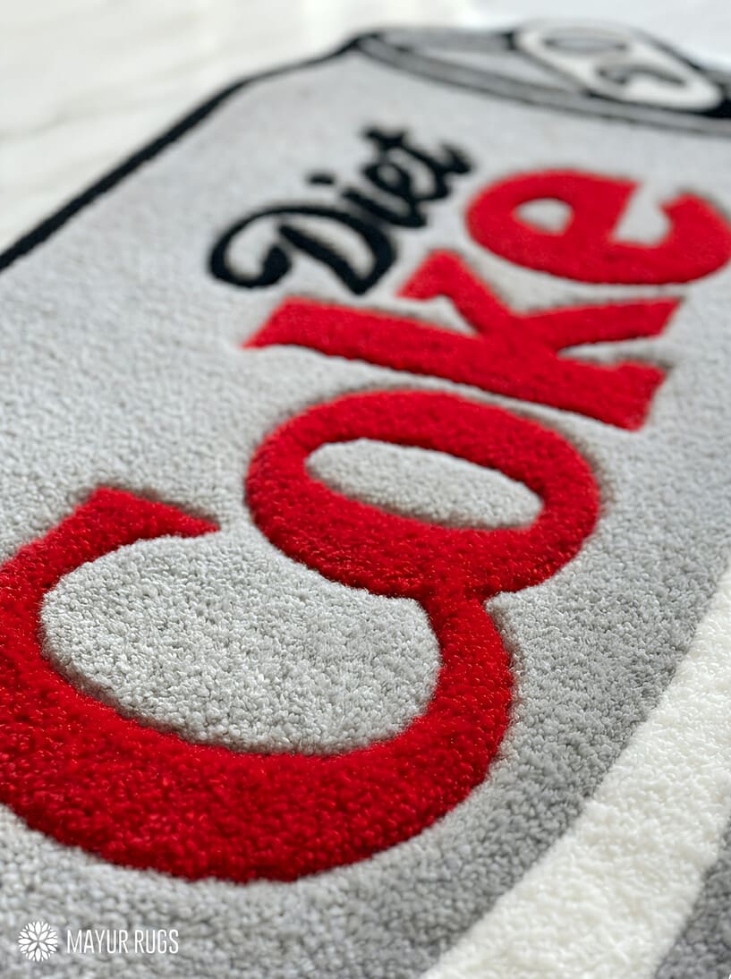 Diet Coke inspired hand-tufted wool rug with retro soda aesthetic design, premium custom area rug by Mayur Rugs