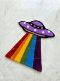 UFO inspired hand-tufted wool rug with alien spacecraft cosmic aesthetic design, premium custom area rug by Mayur Rugs