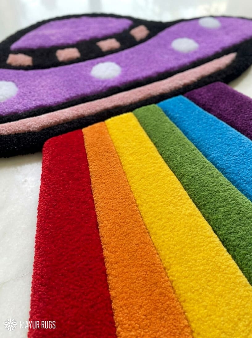 UFO inspired hand-tufted wool rug with alien spacecraft cosmic aesthetic design, premium custom area rug by Mayur Rugs