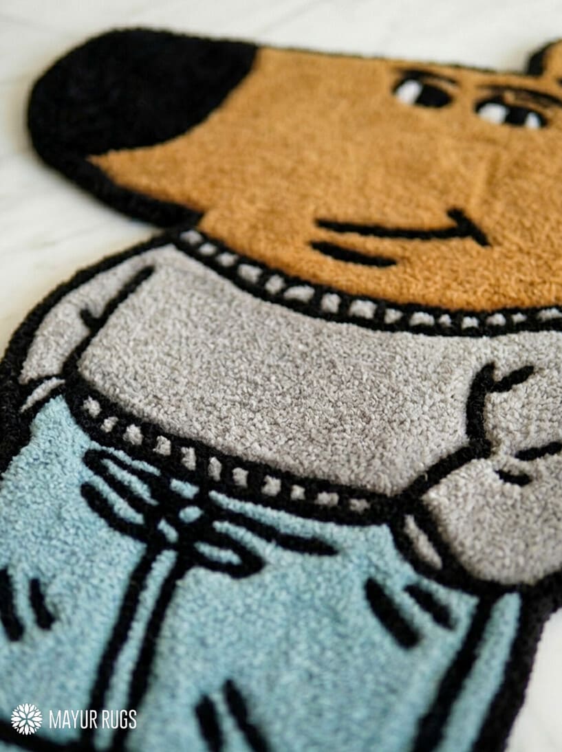 Chill Guy meme hand-tufted wool rug with viral internet aesthetic design by Mayur Rugs