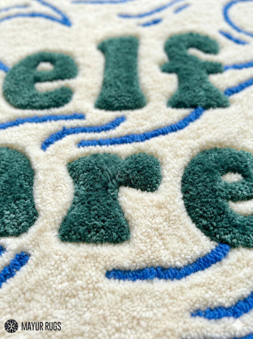 Self Care typography hand-tufted wool rug with minimalist wave aesthetic design by Mayur Rugs