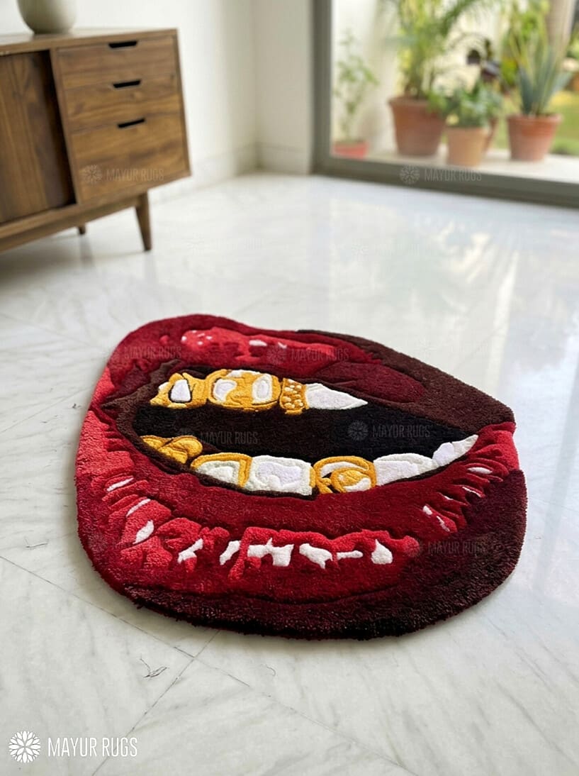 Red lips gold grill hand tufted wool art rug featuring luxury street art design by Mayur Rugs