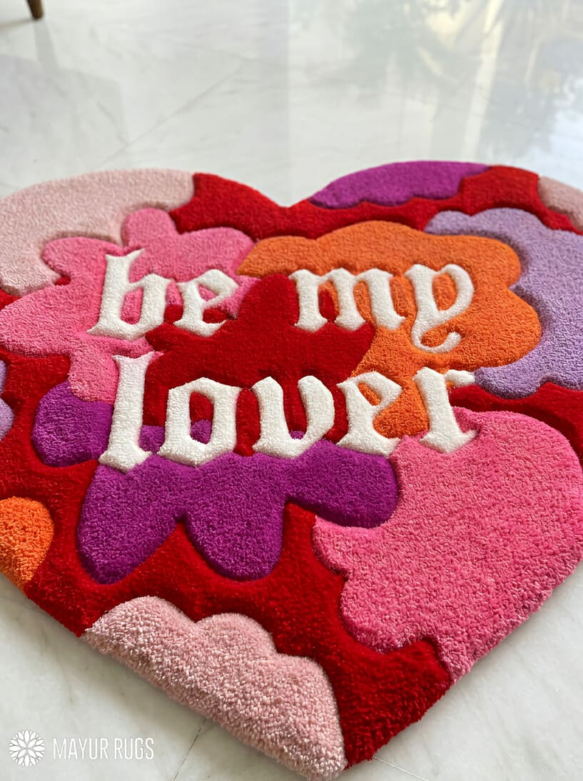 Be My Lover heart-shaped hand-tufted wool rug with romantic aesthetic typography design by Mayur Rugs