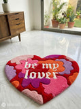 Be My Lover heart-shaped hand-tufted wool rug with romantic aesthetic typography design by Mayur Rugs