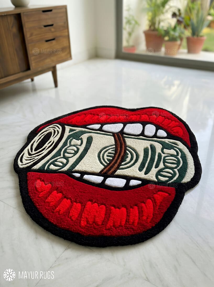 Money roll lips hand tufted wool rug featuring luxury pop art statement artwork by Mayur Rugs