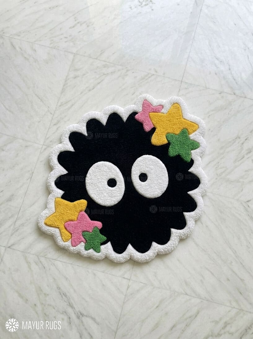 Soot Sprite inspired hand-tufted wool rug with Ghibli anime aesthetic design by Mayur Rugs