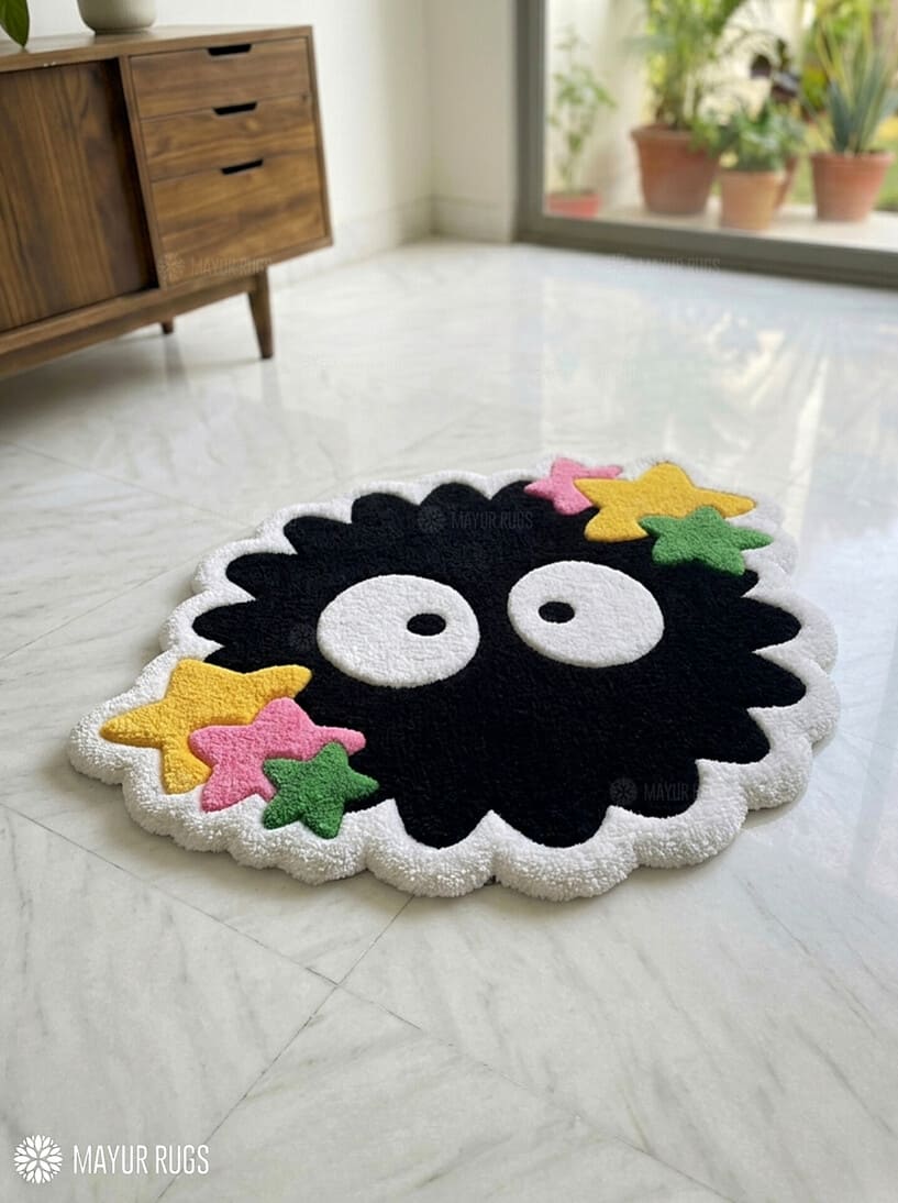 Soot Sprite inspired hand-tufted wool rug with Ghibli anime aesthetic design by Mayur Rugs