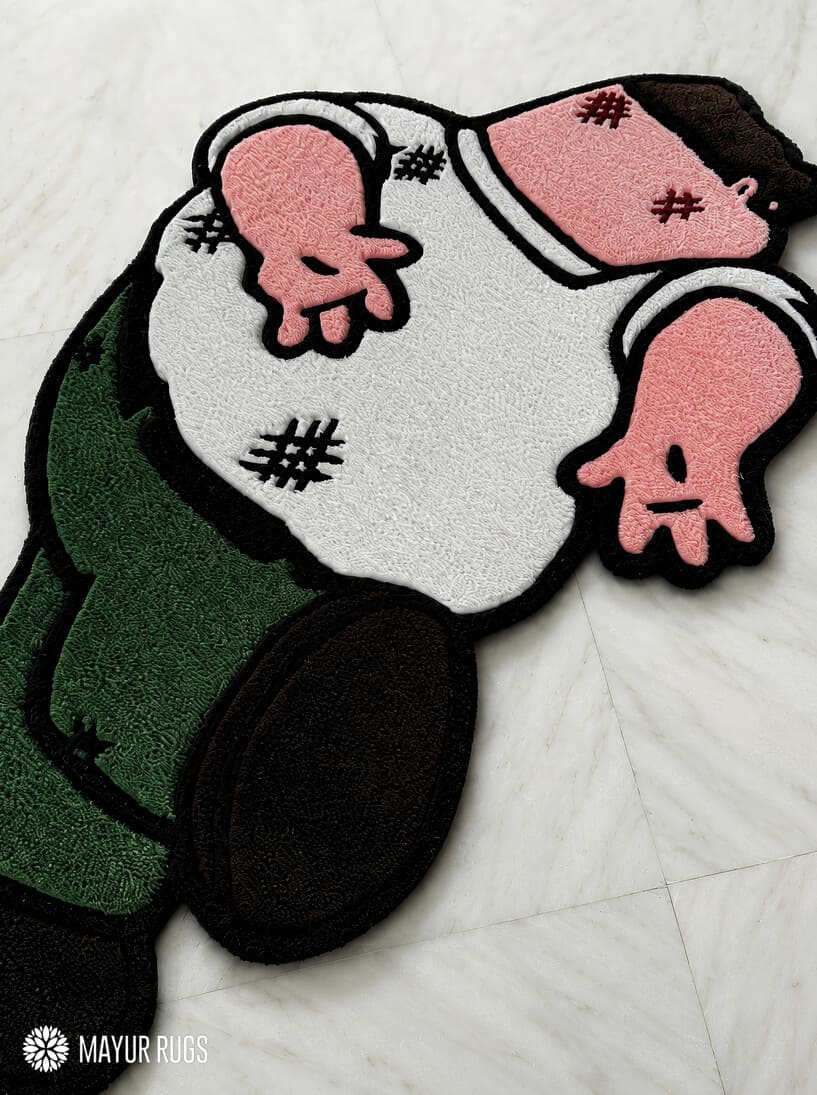 Griffin Family Guy inspired hand-tufted wool rug with retro cartoon meme aesthetic design by Mayur Rugs