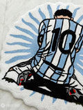 Lionel Messi fan art custom hand-tufted wool rug with football sports aesthetic design by Mayur Rugs