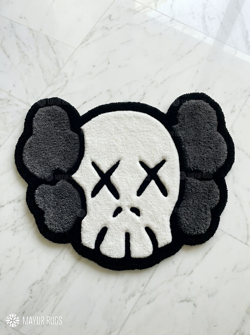 KAWS inspired custom handmade grey and white hand-tufted wool rug with modern hype-art aesthetic design by Mayur Rugs