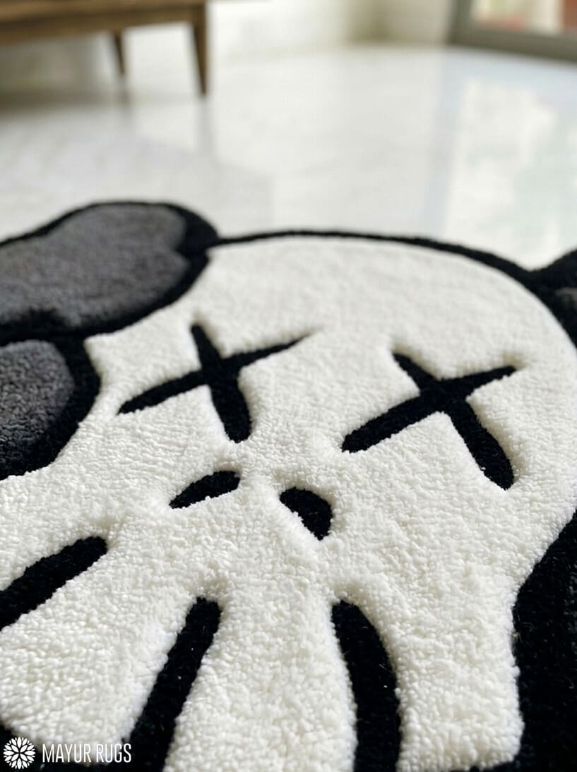 KAWS inspired custom handmade grey and white hand-tufted wool rug with modern hype-art aesthetic design by Mayur Rugs