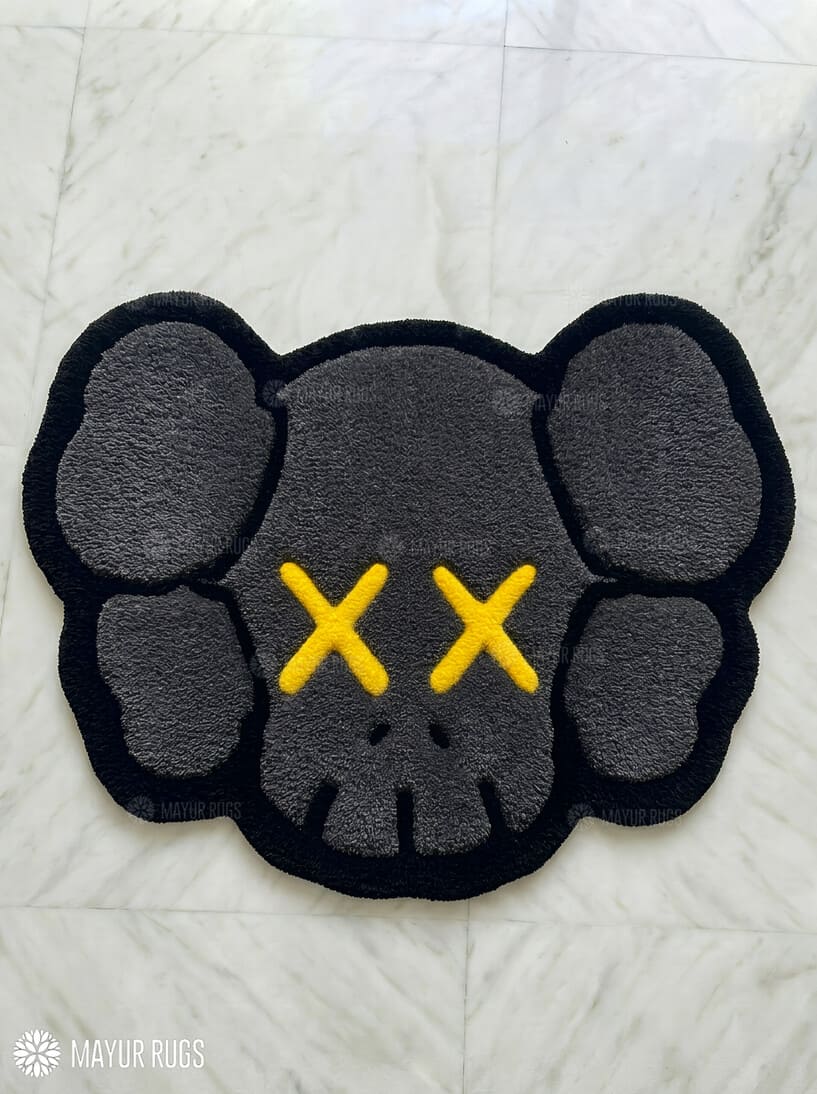 KAWS inspired custom handmade grey and white hand-tufted wool rug with modern hype-art aesthetic design by Mayur Rugs
