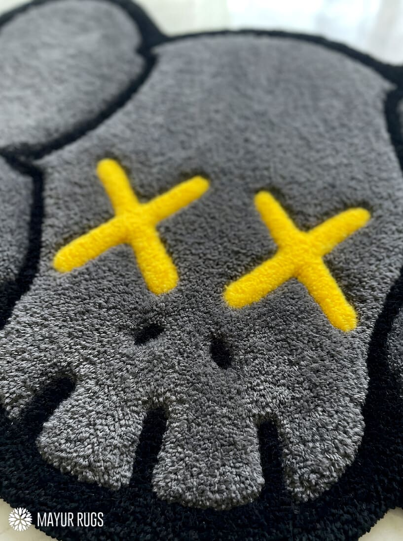 KAWS inspired custom handmade grey and white hand-tufted wool rug with modern hype-art aesthetic design by Mayur Rugs
