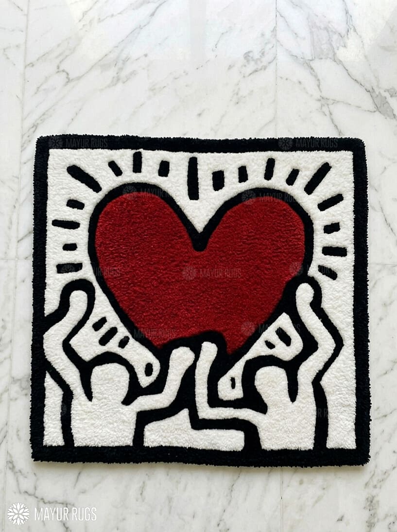 Keith Haring inspired abstract hand-tufted wool rug with pop-art street aesthetic design by Mayur Rugs