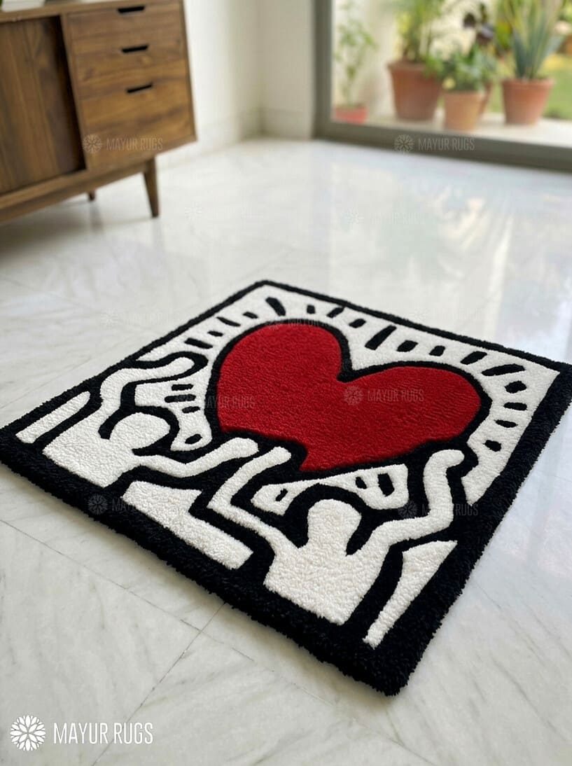 Keith Haring inspired abstract hand-tufted wool rug with pop-art street aesthetic design by Mayur Rugs