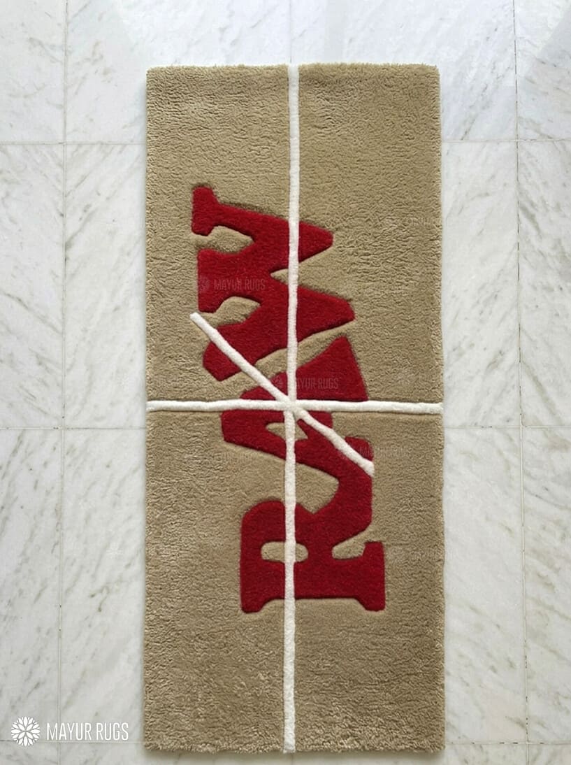 RAW Rolling inspired hand-tufted wool rug with bold lifestyle typography aesthetic design, premium custom area rug by Mayur Rugs
