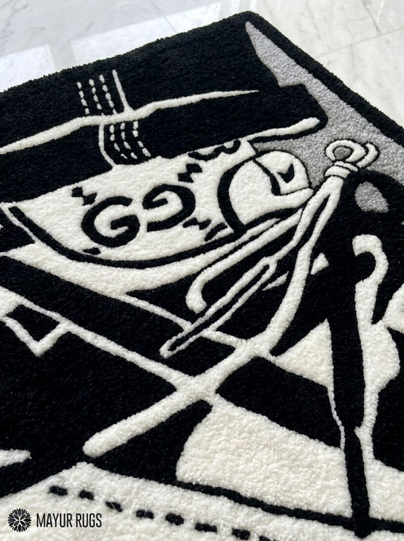 High-top sneaker hand-tufted wool rug featuring monochrome streetwear-inspired footwear artwork by Mayur Rugs