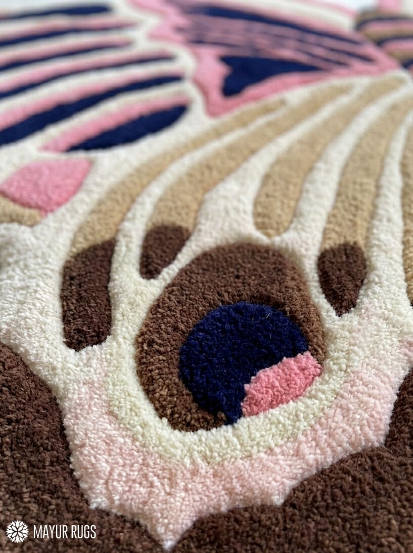 Pink butterfly hand-tufted wool rug with dreamy pastel aesthetic design by Mayur Rugs