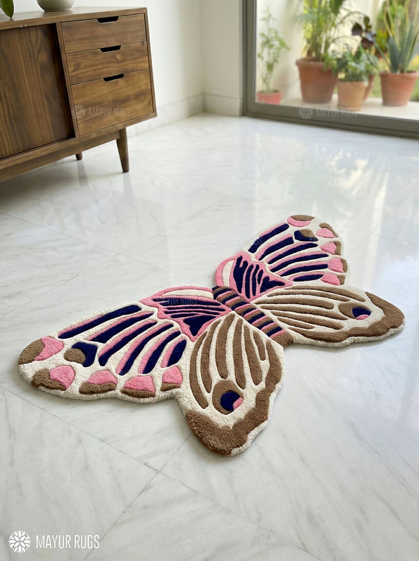Pink butterfly hand-tufted wool rug with dreamy pastel aesthetic design by Mayur Rugs