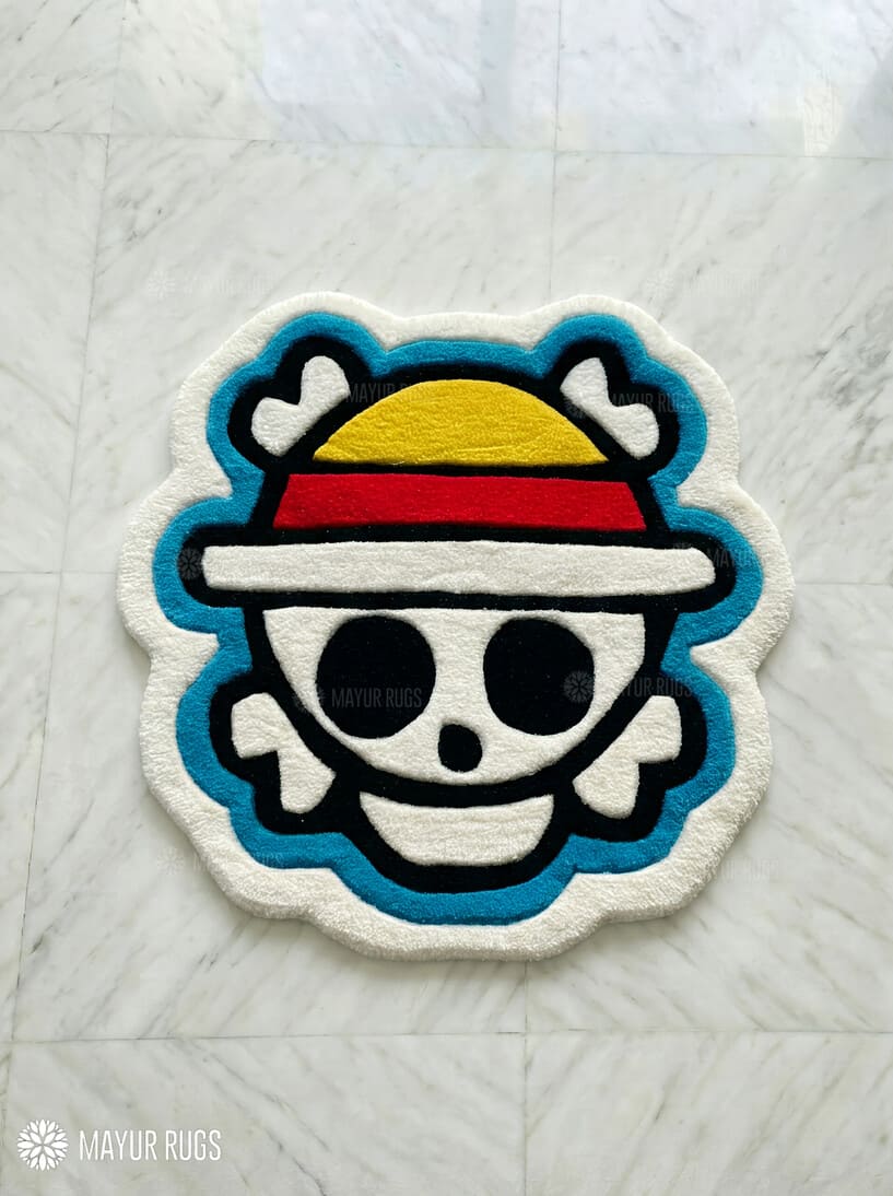 Straw Hat Pirates Inspired anime hand-tufted wool rug with iconic One Piece skull logo aesthetic by Mayur Rugs