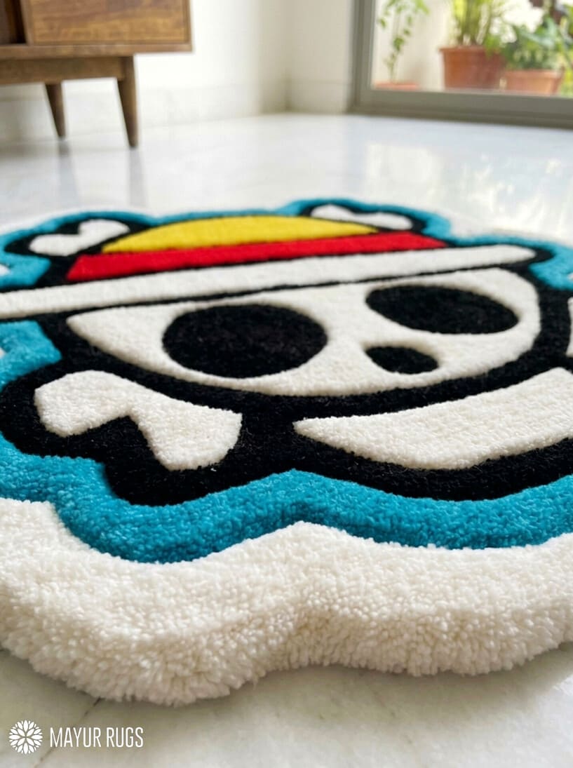 Straw Hat Pirates Inspired anime hand-tufted wool rug with iconic One Piece skull logo aesthetic by Mayur Rugs