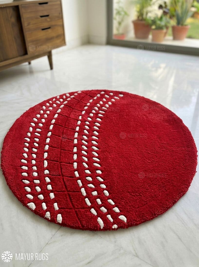 Cricket ball hand-tufted wool rug with classic sports seam detailing, premium custom area rug by Mayur Rugs