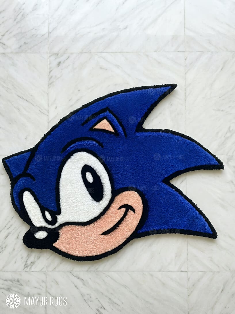 Sonic inspired hand-tufted wool rug with retro gaming cartoon design, premium custom area rug by Mayur Rugs