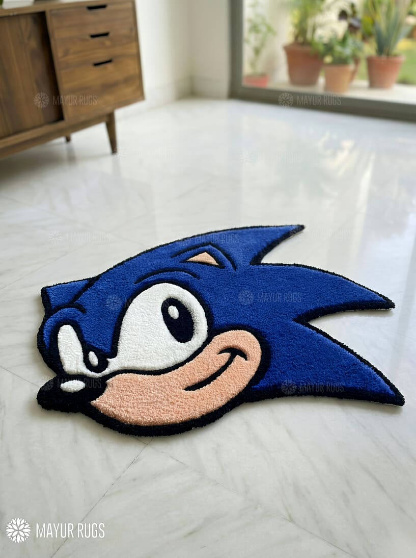 Sonic inspired hand-tufted wool rug with retro gaming cartoon design, premium custom area rug by Mayur Rugs