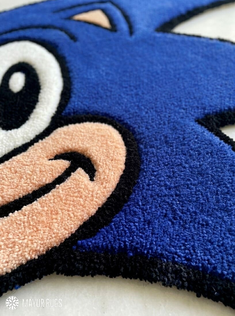 Sonic inspired hand-tufted wool rug with retro gaming cartoon design, premium custom area rug by Mayur Rugs