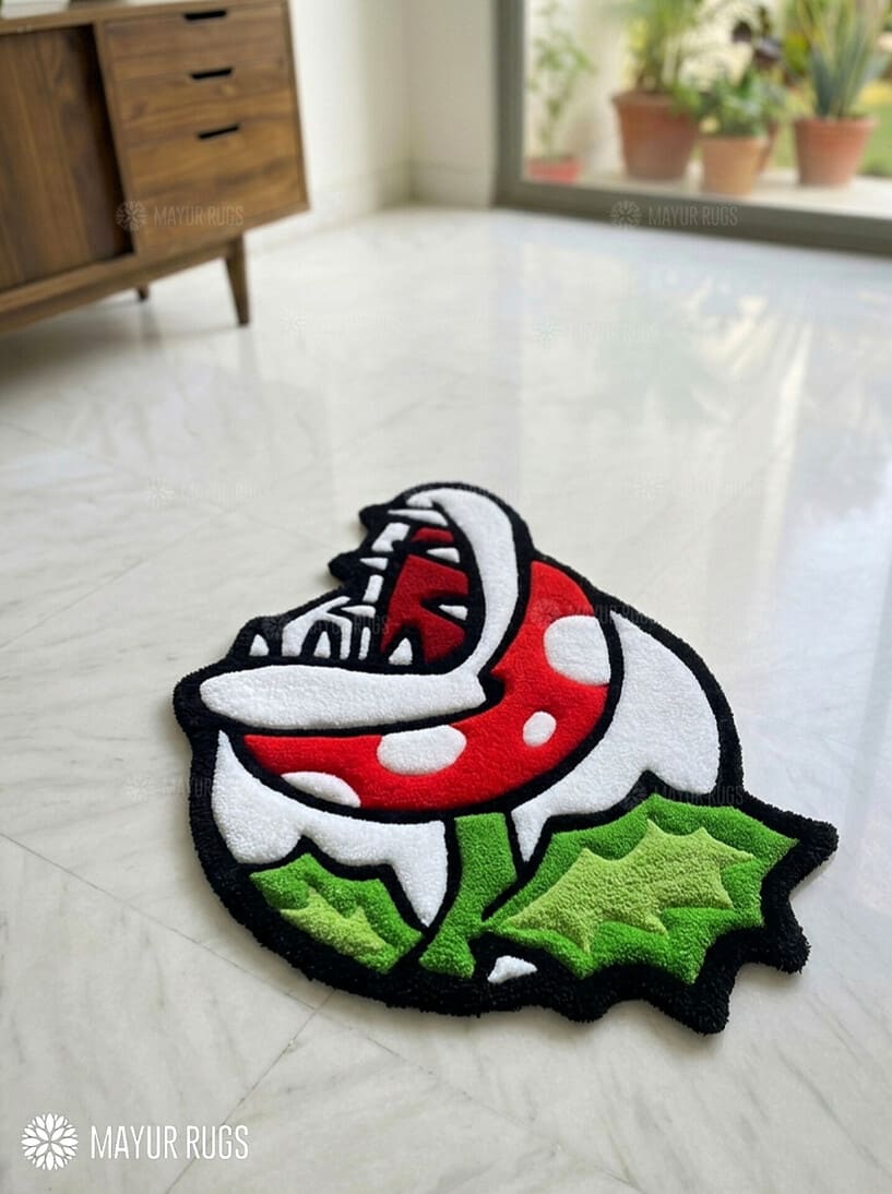 Piranha plant inspired hand-tufted wool rug with retro gaming cartoon design, premium custom area rug by Mayur Rugs