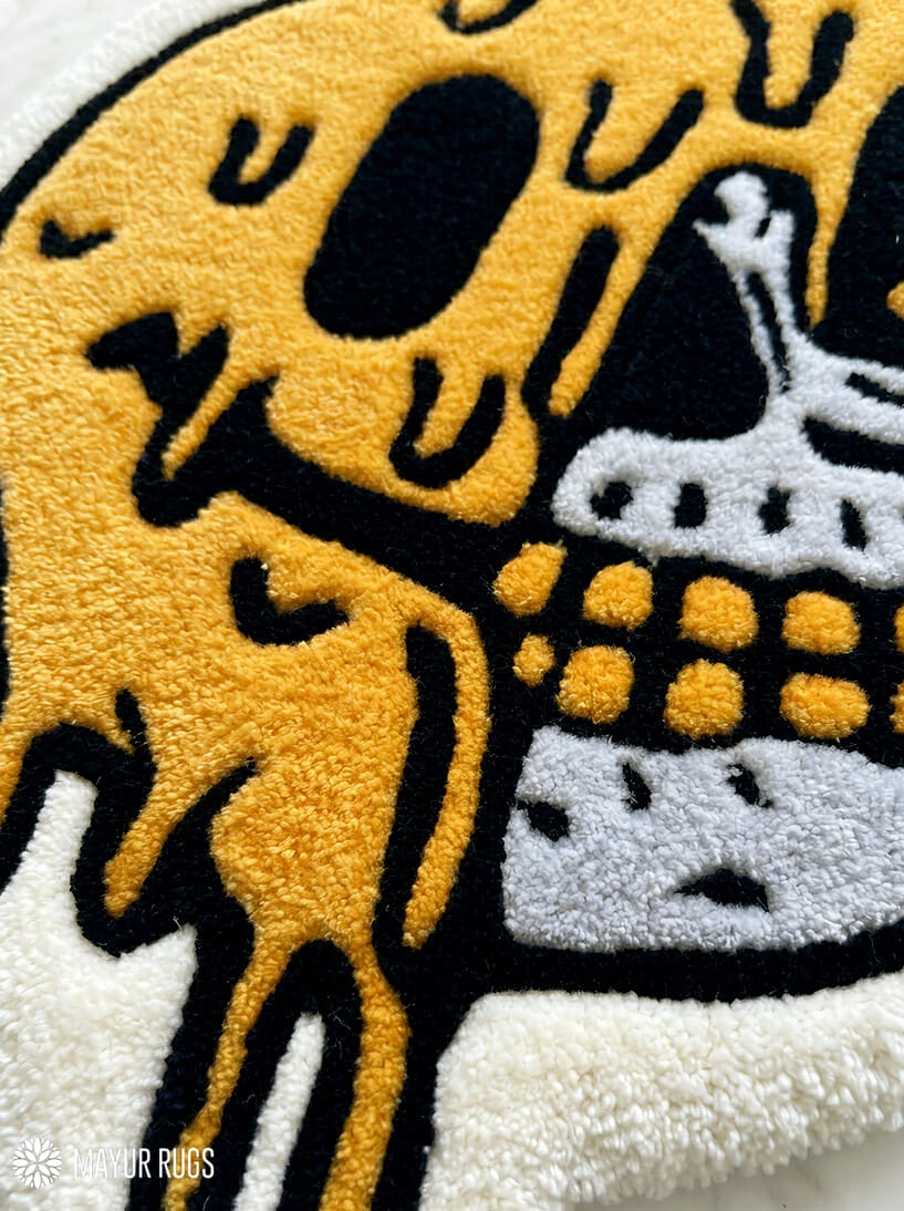 Dripping smiley skull hand-tufted wool rug with gothic streetwear aesthetic design, premium custom area rug by Mayur Rugs