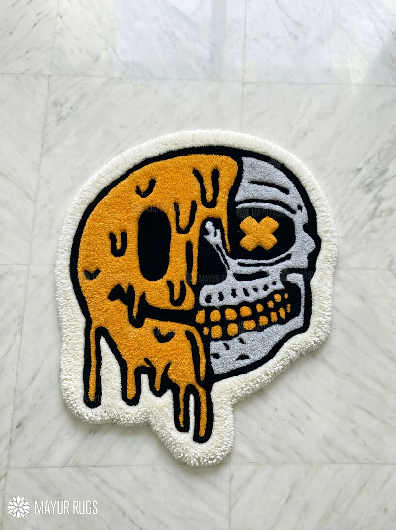 Dripping smiley skull hand-tufted wool rug with gothic streetwear aesthetic design, premium custom area rug by Mayur Rugs