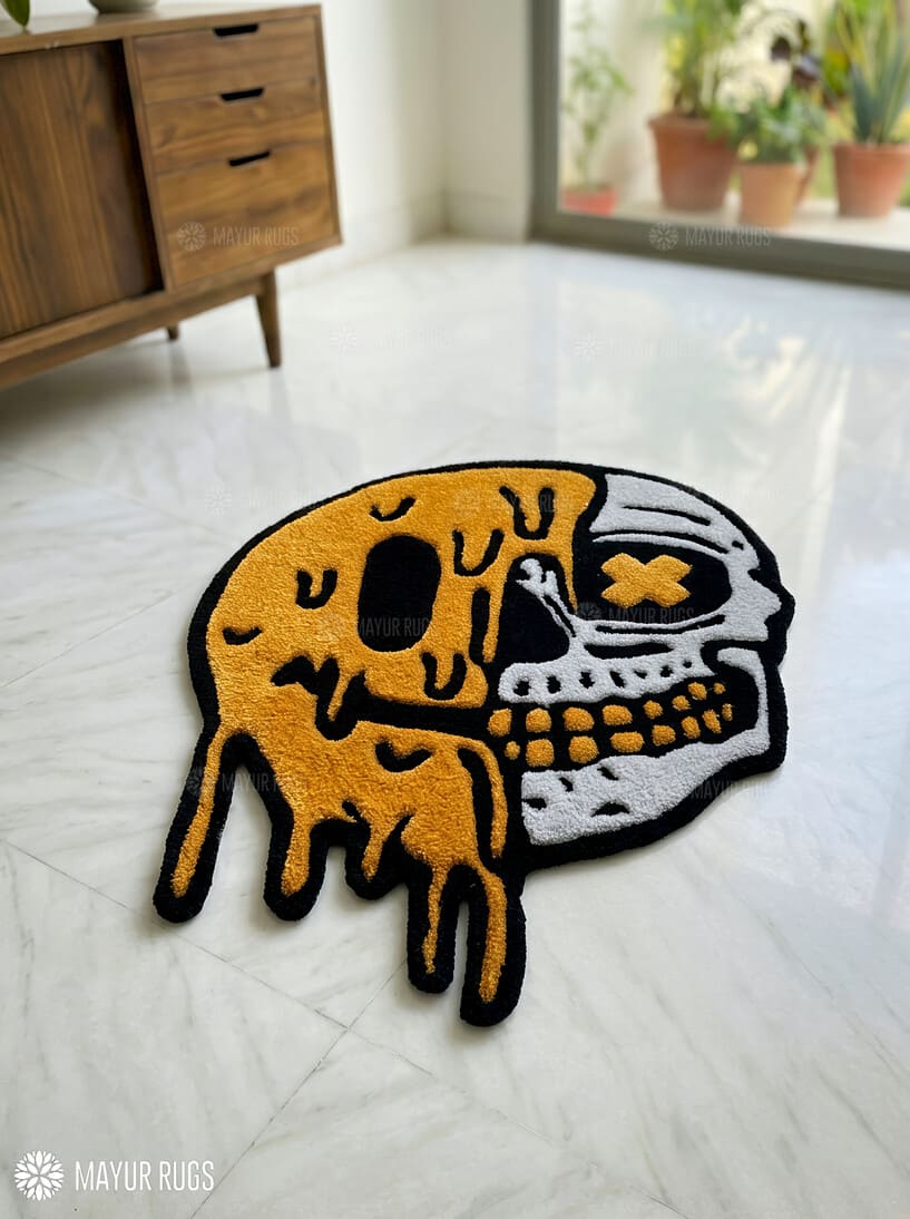 Dripping smiley skull hand-tufted wool rug with gothic streetwear aesthetic design, premium custom area rug by Mayur Rugs