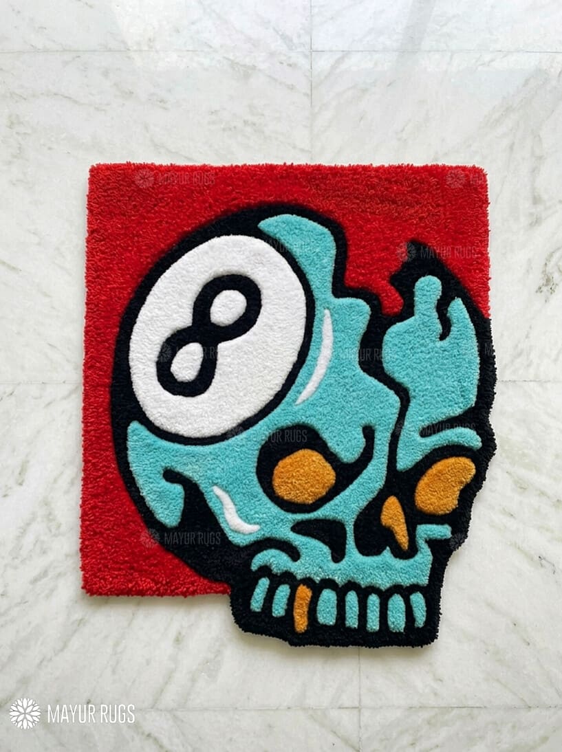 8 ball skull hand-tufted wool rug with gothic billiards aesthetic design, premium custom area rug by Mayur Rugs