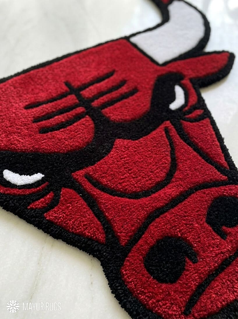 Chicago Bulls inspired hand-tufted wool rug with basketball streetwear aesthetic design, premium custom area rug by Mayur Rugs