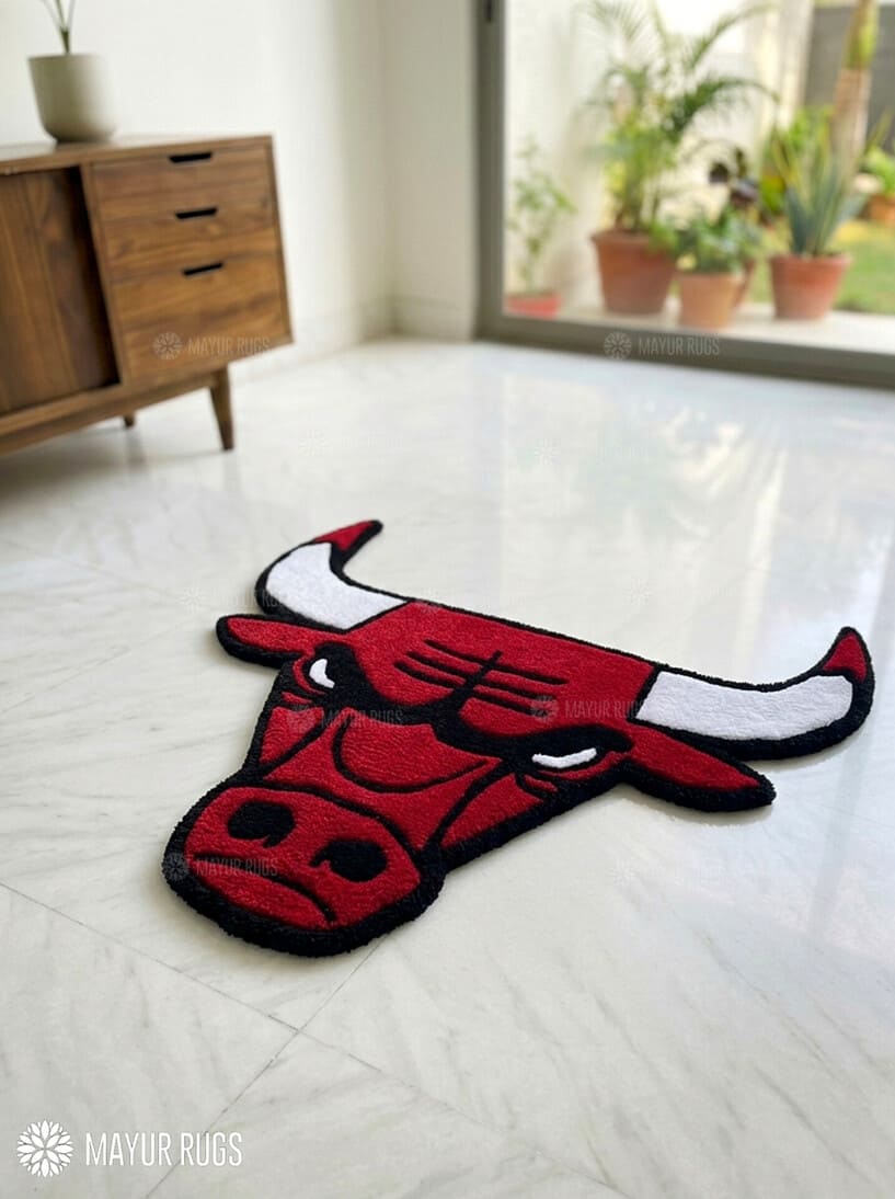 Chicago Bulls inspired hand-tufted wool rug with basketball streetwear aesthetic design, premium custom area rug by Mayur Rugs