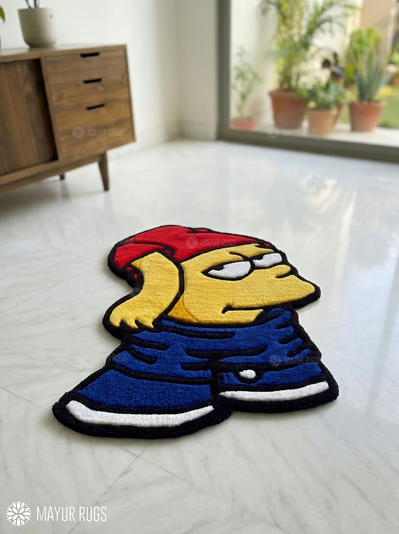 Bart Simpson inspired hand-tufted wool rug with retro cartoon streetwear aesthetic design by Mayur Rugs