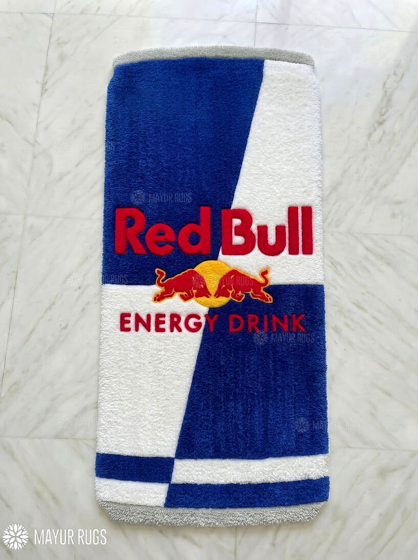 Red Bull Energy Drink inspired hand-tufted wool rug with gaming streetwear aesthetic design, premium custom area rug by Mayur Rugs