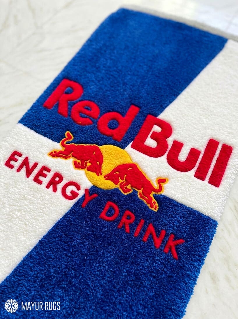 Red Bull Energy Drink inspired hand-tufted wool rug with gaming streetwear aesthetic design, premium custom area rug by Mayur Rugs