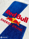 Red Bull Energy Drink inspired hand-tufted wool rug with gaming streetwear aesthetic design, premium custom area rug by Mayur Rugs