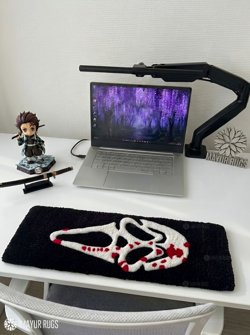 Ghostface keyboard hand-tufted wool rug with horror gaming setup aesthetic design, premium custom area rug by Mayur Rugs