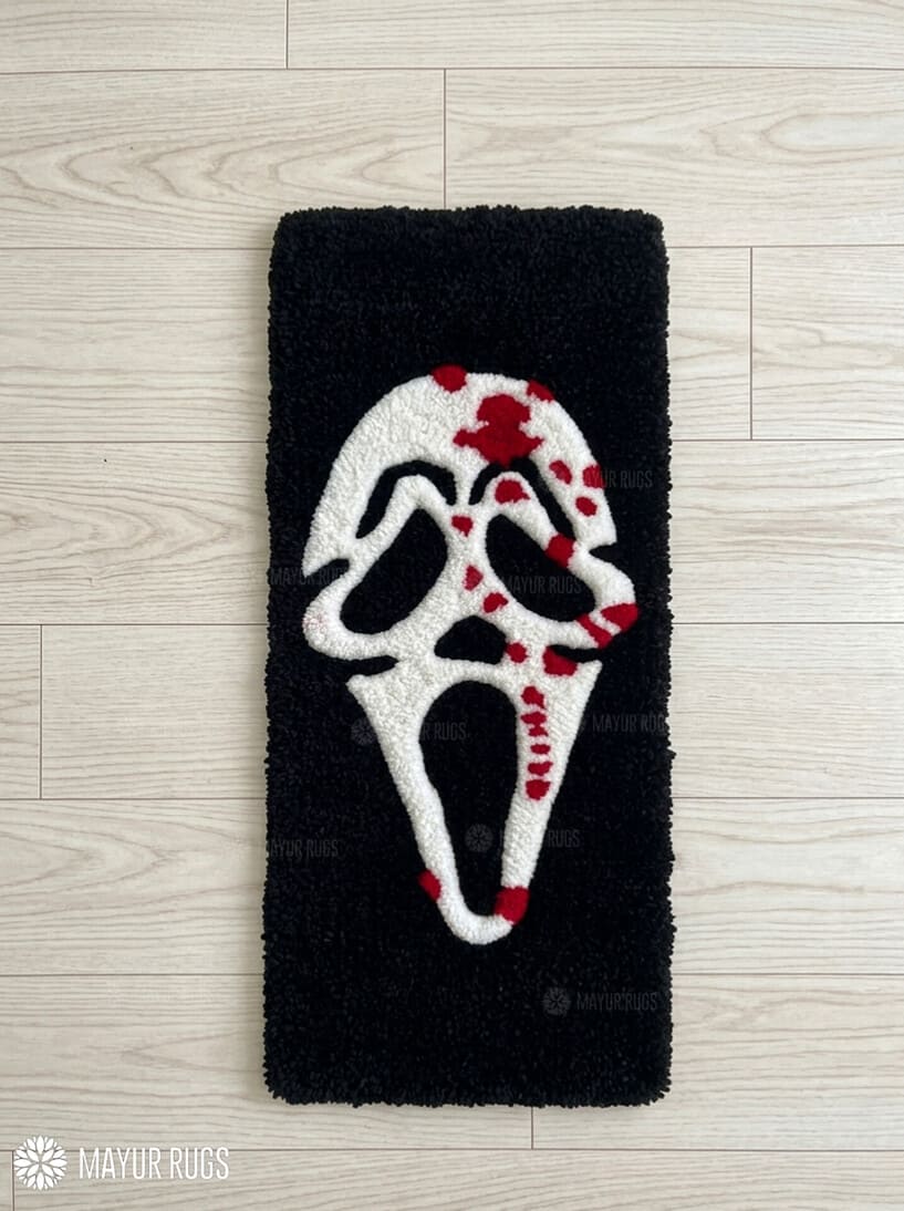 Ghostface keyboard hand-tufted wool rug with horror gaming setup aesthetic design, premium custom area rug by Mayur Rugs
