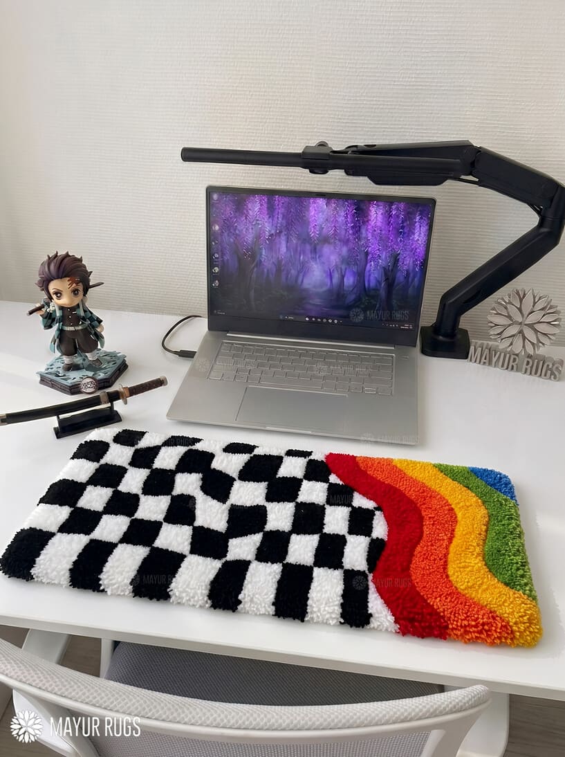Wavy checkerboard abstract keyboard hand-tufted wool rug with retro optical gaming setup aesthetic design by Mayur Rugs