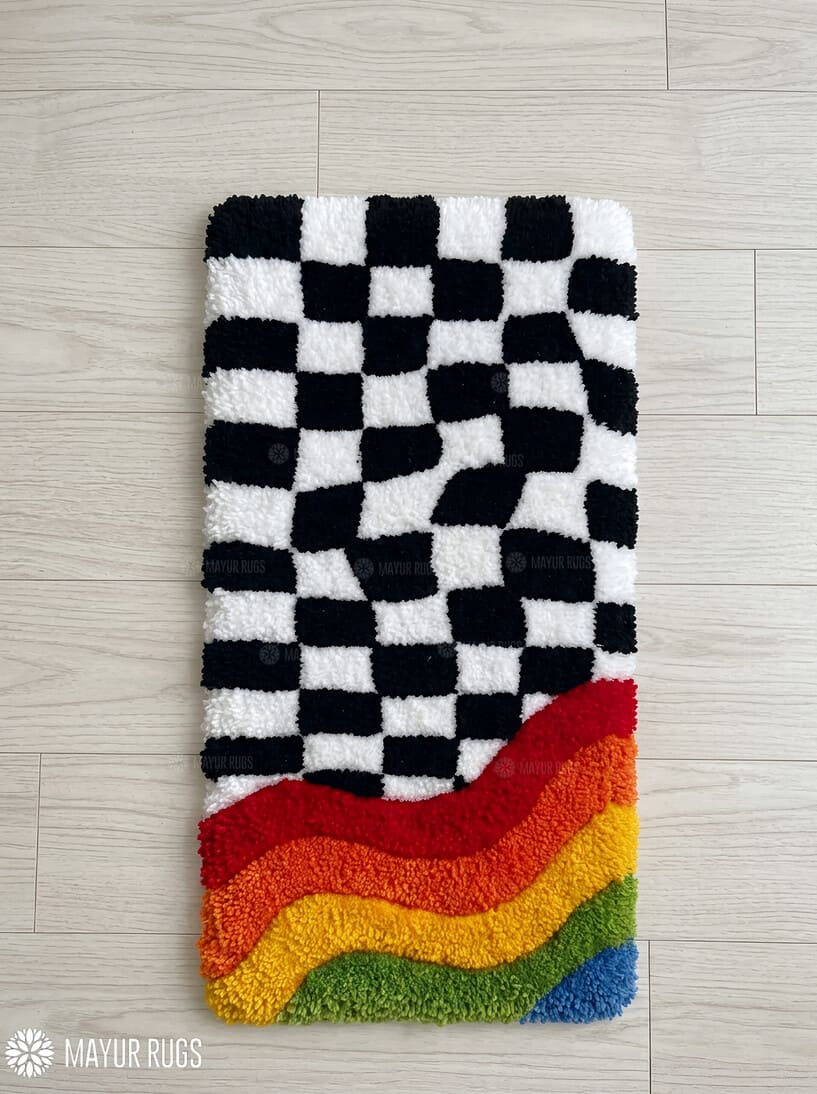 Wavy checkerboard abstract keyboard hand-tufted wool rug with retro optical gaming setup aesthetic design by Mayur Rugs